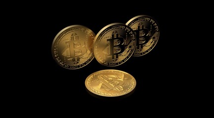 3d render of four bitcoin coins on black background. Stock İmage.	
