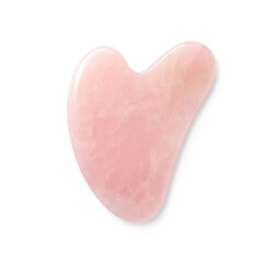 Rose quartz gua sha tool on white background, top view