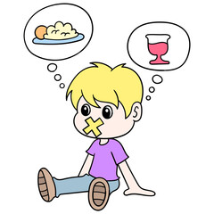 Fototapeta na wymiar the boy was sitting hungry because he was fasting. doodle icon image kawaii.