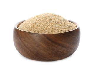 Wooden bowl with sesame seeds on white background