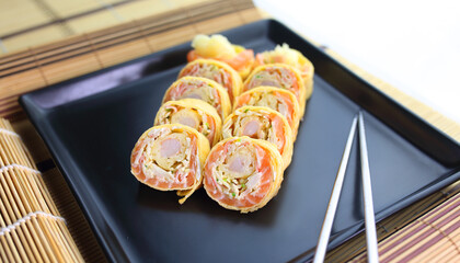 delicious and appetizing fish susshi with pancake dough crust