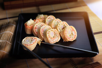 delicious and appetizing fish susshi with pancake dough crust