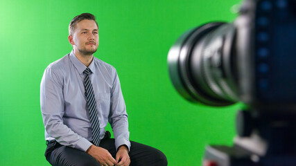 Recording interview with politician using professional tv green screen studio