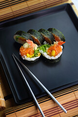 fish sushi on a ceramic plate in a traditional asian recipe