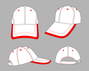 White Baseball Cap With Red Edging Brim Cap, Adjustable Metal Buckle Closure Strap On Gray Background