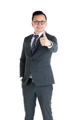 Young and handsome businessman executive look, wearing dark gray suit and eyeglasses standing with friendly face and self-confidence and pointing finger to camera