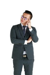 Young and handsome businessman executive look, wearing dark gray suit and eyeglasses standing with friendly face and self-confidence with hand touch head in thinking gesture
