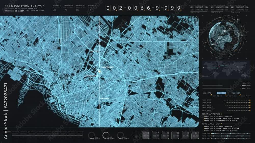 Leinwandbilder Futuristic digital city map layout with satellite GPS coordinate searching and tracking interface head up display screen with data telemetry information for background display