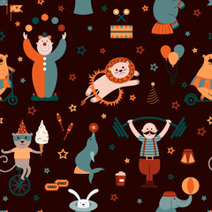 Circus seamless pattern with clowns, acrobats, lions, seals, elephants, monkeys, etc.