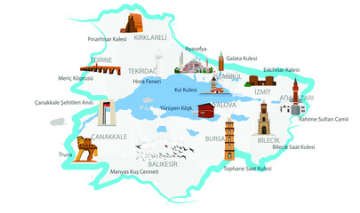 Turkey's historical and touristic places. Marmara region. Touristic places. Vector images.