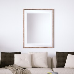 Danish Design Interior with Cozy Couch and Indoor Plants All Around, Isolated Empty Frame Mockup Hanged on Walls