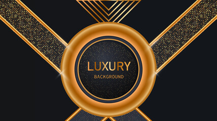 Dark abstract background with black overlap layers. Realistic texture with light effect and golden glitters dots element decoration.