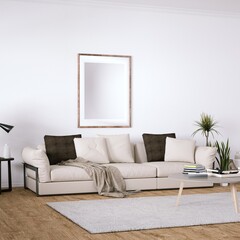 Danish Design Interior with Cozy Couch and Indoor Plants All Around, Isolated Empty Frame Mockup Hanged on Walls
