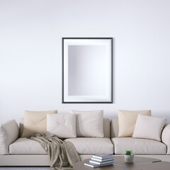 Danish Design Interior with Cozy Couch and Blanket, Isolated Empty Frame Mockup Hanged on Walls