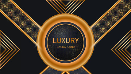 Dark abstract background with black overlap layers. Realistic texture with light effect and golden glitters dots element decoration.