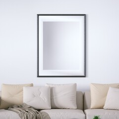 Danish Design Interior with Cozy Couch and Blanket, Isolated Empty Frame Mockup Hanged on Walls