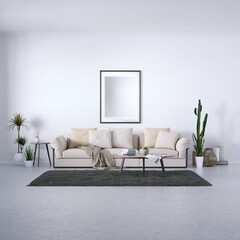 Danish Design Interior with Cozy Couch and Indoor Plants All Around, Isolated Empty Frame Mockup Hanged on Walls