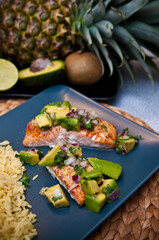 Fried salmon with avocado and rice