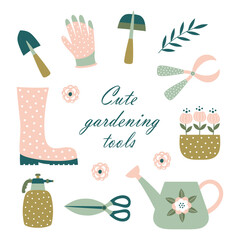 garden tools set, vector illustration of gardening elements isolated on white