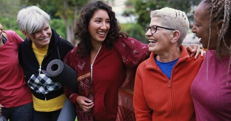 Happy multi generational women having fun together - Multiracial friends after sport workout outdoor