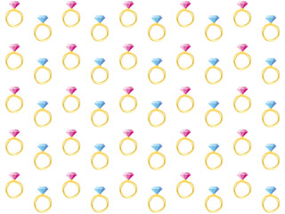 seamless background of golden rings with pink and blue gemstones