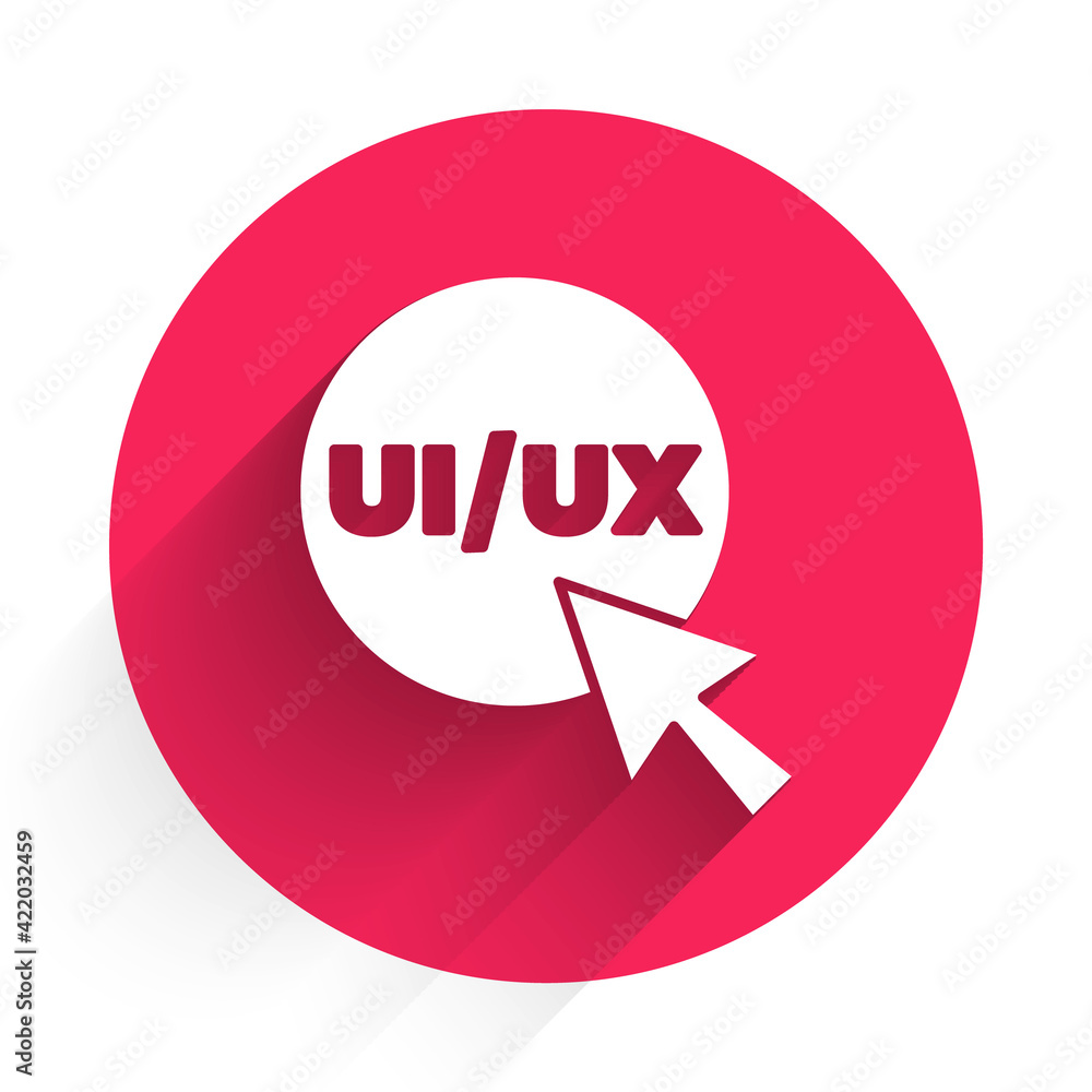 Poster White UI or UX design icon isolated with long shadow. Red circle button. Vector