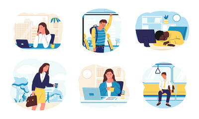 Tired people. Cartoon sleepy persons at home and in office. Workers fell asleep while sitting at desk or riding in transport. Dozing characters set. Vector men and women with drowsiness