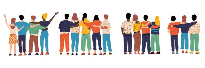 Friends from behind. Hugging happy characters back view, friendship illustration with boys and girls standing together. Group of friends, men and women good relationships vector set