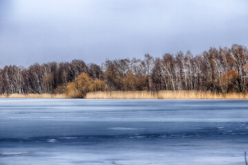 WROCLAW, POLAND - FEBRUARY 22, 2021: Frozen lake landscape. The Milicz Ponds (Polish: Stawy...