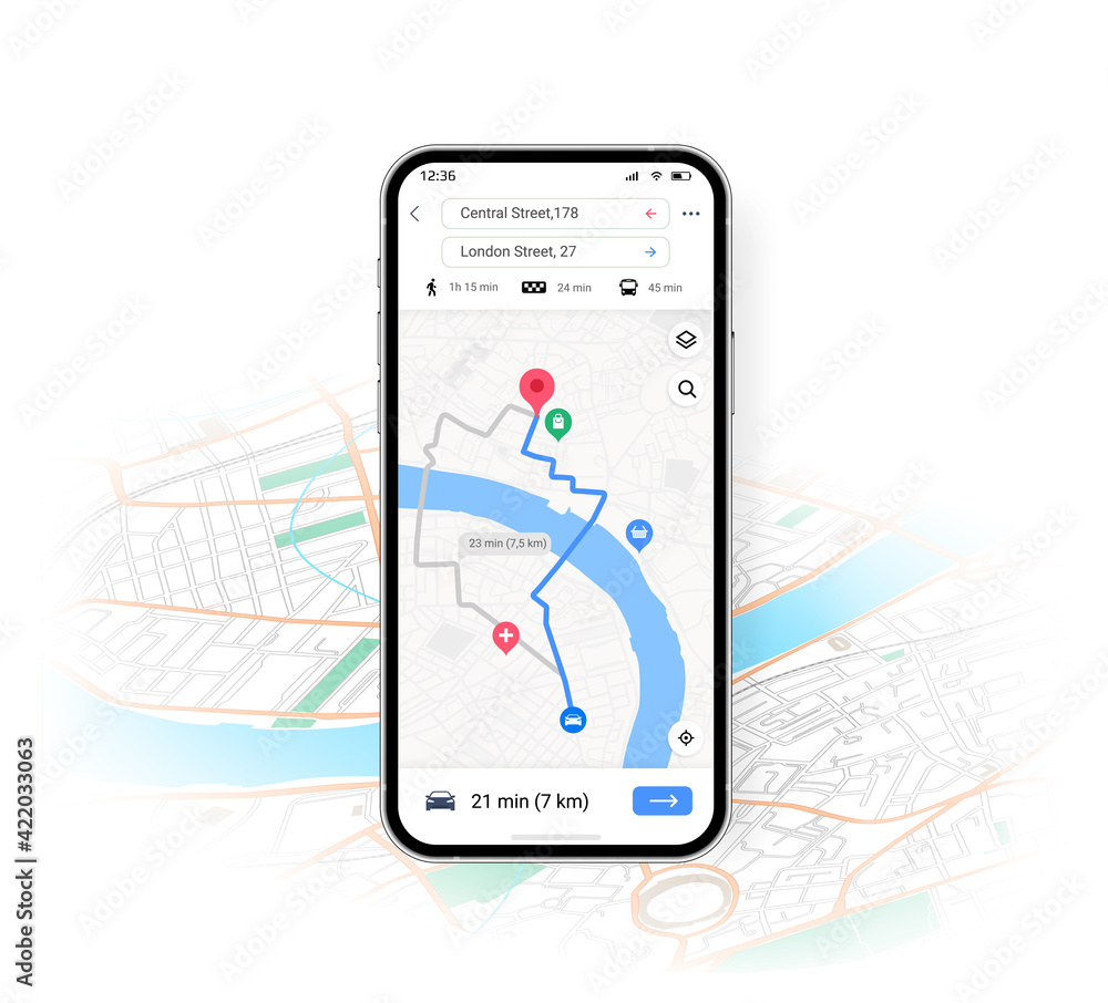 Aufkleber Phone map UI. Mobile application with transport location and route direction. Smartphone navigation interface of GPS app for path planning and way tracking. Vector city travel scheme