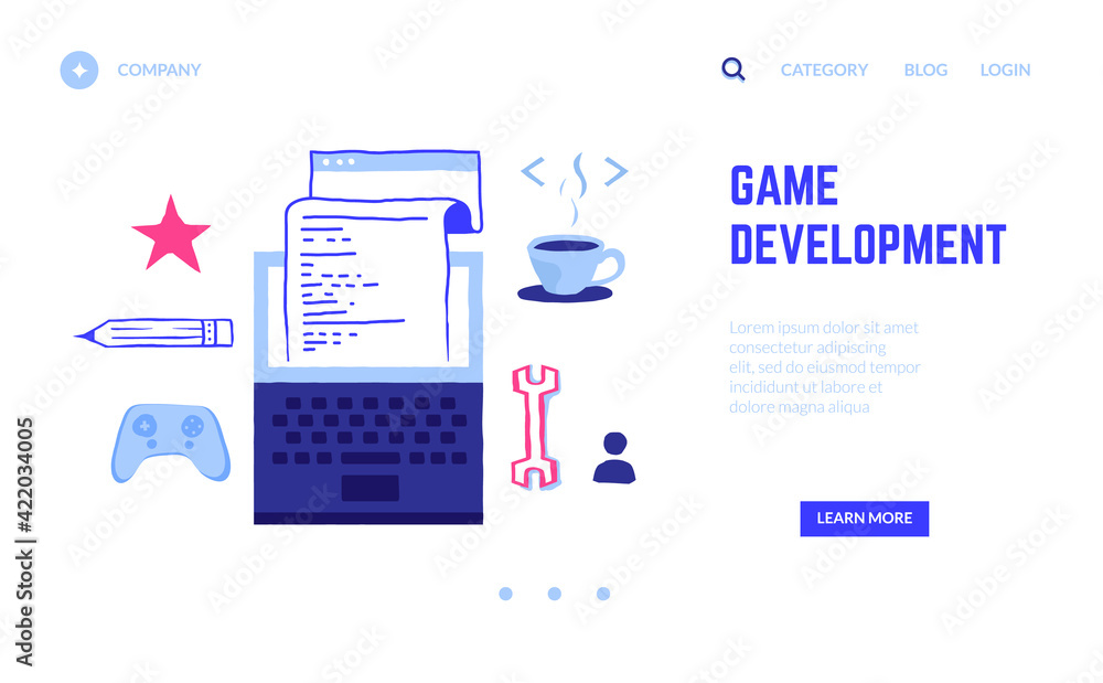 Poster Game development landing page. Programming VR entertainment cyber project, writing digital code. Website interface with buttons. Doodle laptop and joystick. Vector web service UI mockup