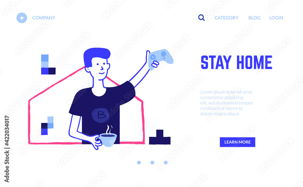 Poster gaming landing page. stay home. virtual reality game, digital entertainment. boy holding joystick in