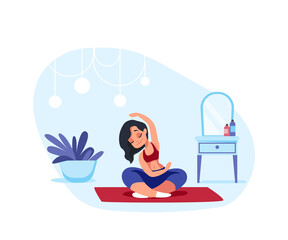 Home yoga. Cartoon woman meditating and doing breathing exercises. Character sitting in lotus position. Young female in asana pose training calm and concentration. Vector sport activities