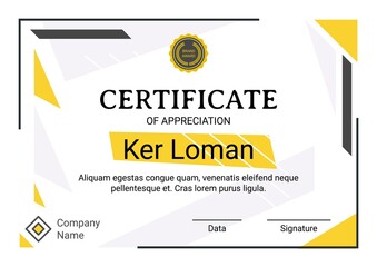 Minimalist diploma with seal, corporate logo and signature. Vector certificate template, black yellow colors, professional achievements document, graduation letter for company or school