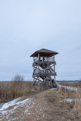 Bird watchtower in Winter time, cloudy day