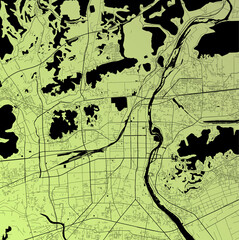 Okayama, Japan - Urban vector city map with parks, rail and roads, highways, minimalist town plan design poster, city center, downtown, transit network, street blueprint