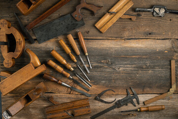 Joinery tools on wood table background with copy space