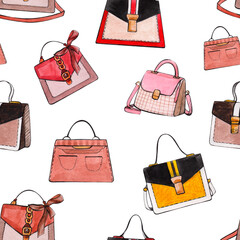 seamless multi-colored pattern with hand drawn watercolor lady handbags