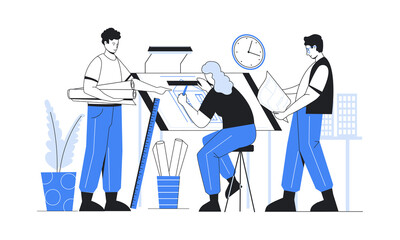Architect work. Construction engineers working on residential building project. woman drafting blueprint, men discussing architectural plan. Vector teamwork of professional builders