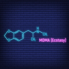MDMA ecstasy glow neon style concept chemical formula icon label, text font vector illustration, isolated on wall background. Periodic element table. - obrazy, fototapety, plakaty