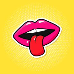Colorful lips and tongue vector in pop art style.
