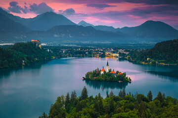 Lake Bled and church on the island at sunset, Slovenia