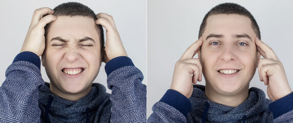 Before and after. On the left, the man indicates a headache, and on the right indicates that the...