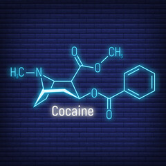 Cocaine glow neon style concept chemical formula icon label, text font vector illustration, isolated on wall background. Periodic element table.