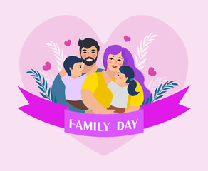 Family day. Happy international day of families. Cute couple with childrens, father and mother hug children with love. Vector illustration
