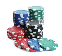 Plastic casino chips stacked on white background. Poker game