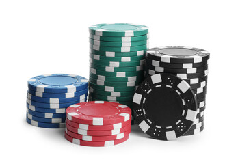 Plastic casino chips stacked on white background. Poker game