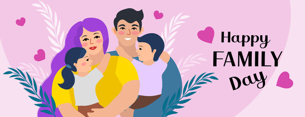 Obraz na płótnie Canvas Family day. Happy international day of families. Cute couple with childrens, father and mother hug children with love. Vector illustration