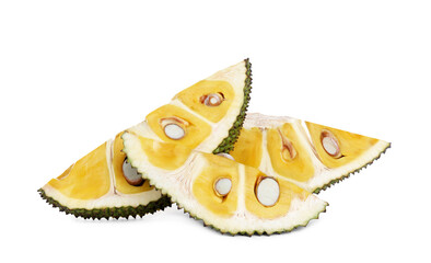 Slices of delicious cut fresh exotic jackfruit on white background