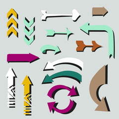 Arrows set. Arrow icon collection. Set different arrows or web design. Speech bubbles and elements with shadows. Isolated vector objects.